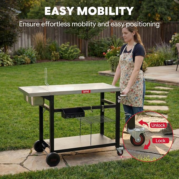 Feasto Outdoor Pizza Prep Cart with Topping Station & Stainless Steel Top | Integrated Pizza Topping Station with Lid, Food-Grade Prep Tabletop, Lockable Wheels (2x1.5L+2x0.9L Containers Included)