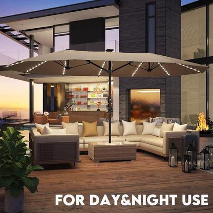 GDPFN 13ft Large Patio Umbrella with Solar Lights, Outdoor Double-Side Rectangular Umbrella, Backyard Pool Umbrella with LED Light for Deck, Outside, Market, Beige (Base Not Include)