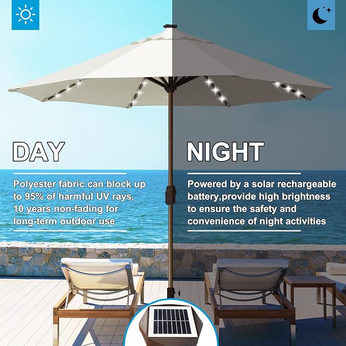 Eurmax USA 10-Year-Non-Fading 10FT Outdoor Patio Market Umbrella with LED Lights,UPF50+ UV Resistant,Heavy Duty Commercial Grade,Crank Lift Design,Windproof Vented Top for Garden,Pool,Deck,Natural