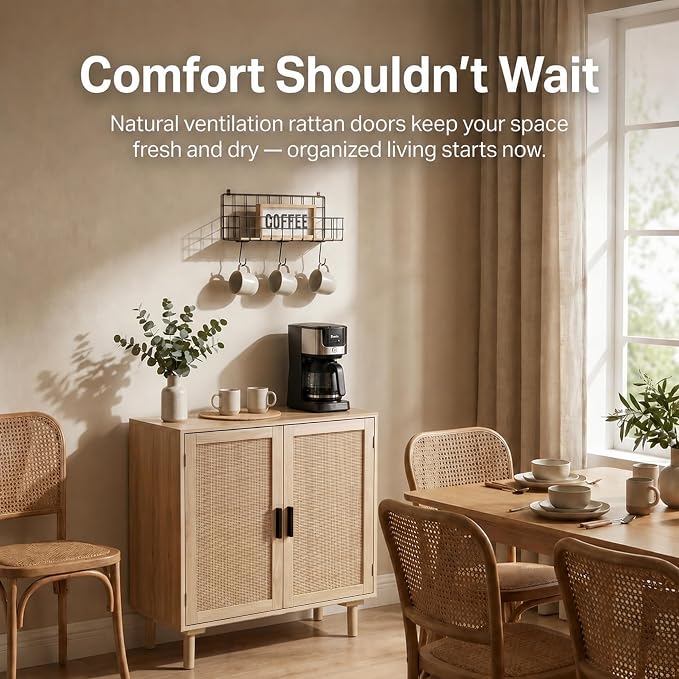 Finnhomy Sideboard Buffet Cabinet, Kitchen Storage Sideboard with Rattan Decorated Doors, Liquor Coffee Buffet, Dining Room, Hallway, Console Table, Accent Cabinet, 31.5X 15.8X 34.6 Inches, Natural