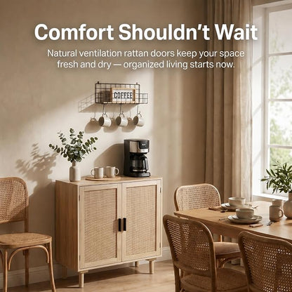 Finnhomy Sideboard Buffet Cabinet, Kitchen Storage Sideboard with Rattan Decorated Doors, Liquor Coffee Buffet, Dining Room, Hallway, Console Table, Accent Cabinet, 31.5X 15.8X 34.6 Inches, Natural