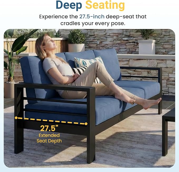 Wisteria Lane Aluminum Outdoor Sofa, 2 Seats Patio Couch All-Weather Rust-Proof Modern Metal Patio Furniture with 5" Thick Olefin Cushions, Light Grey
