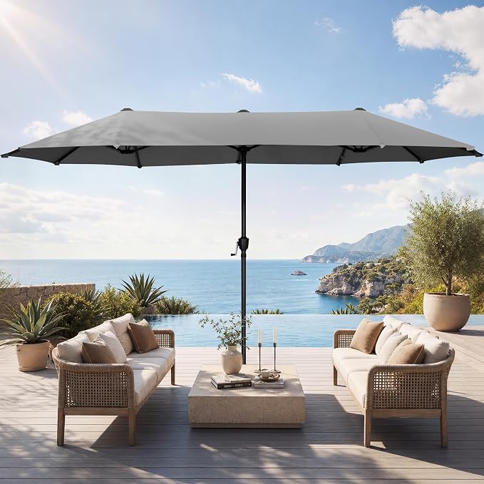 HERA'S PALACE 13 ft Large Double-Sided Twin Patio Umbrella, Outdoor Market Umbrella with Crank Handle, Powerful UV Protective, Smoky Gray