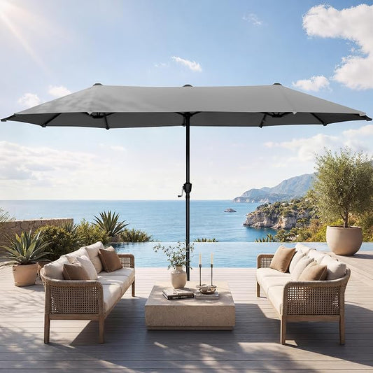 HERA'S PALACE 13 ft Large Double-Sided Twin Patio Umbrella, Outdoor Market Umbrella with Crank Handle, Powerful UV Protective, Smoky Gray