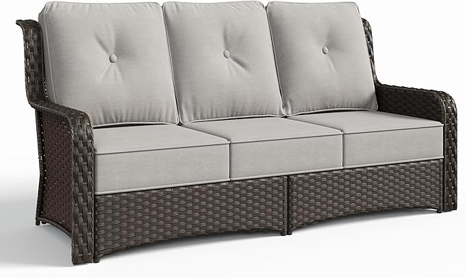 Sundale Outdoor Wicker 3-Seat Patio Sofa, Luxury Outdoor Couch with High Back & Wider Armrests, Patio Furniture with 6-inch Cushions for Yard, Deck, Poolside (Grey)