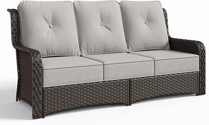 Sundale Outdoor Wicker 3-Seat Patio Sofa, Luxury Outdoor Couch with High Back & Wider Armrests, Patio Furniture with 6-inch Cushions for Yard, Deck, Poolside (Grey)