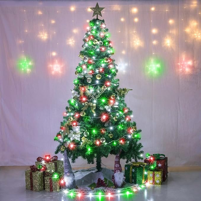 40FT 120 LED Outdoor String Lights, Red White and Green Christmas Lights | Waterproof 8 Modes Plug in Clear Wire Twinkle Fairy Lights for Indoor Bedroom Patio Yard Xmas Party Holiday Decorations