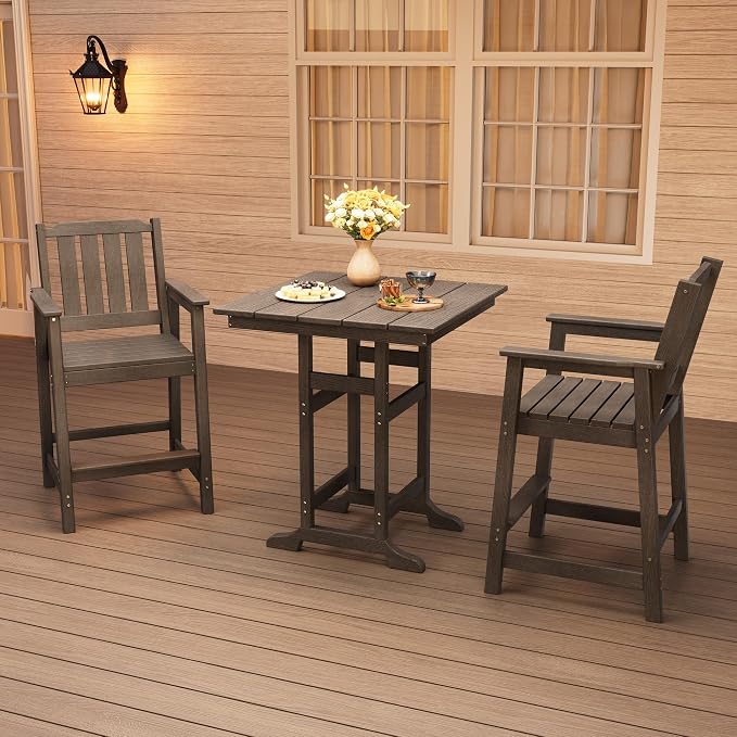 Garvee 3-Piece Outdoor Adirondack Bar Set, Patio Bar Table with 2 Bar Chairs, HDPE All-Weather Patio Bar Furniture Set with Umbrella Hole, for Balcony, Backyard, Poolside, Bistro