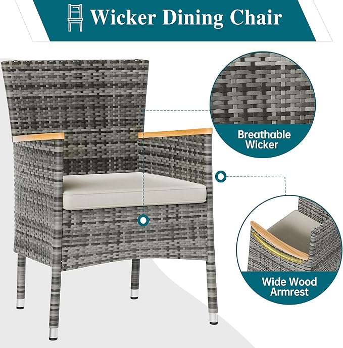 Shintenchi 5 Piece Patio Dining Set, Wicker Patio Conversation Set with Wooden Table Top, Outdoor Table and Chairs with Soft Cushions for Backyard, Deck and Garden, Grey Wicker