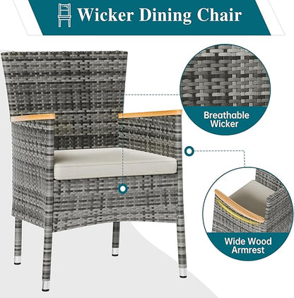 Shintenchi 5 Piece Patio Dining Set, Wicker Patio Conversation Set with Wooden Table Top, Outdoor Table and Chairs with Soft Cushions for Backyard, Deck and Garden, Grey Wicker