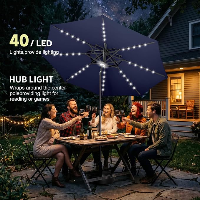 Solar Patio Umbrella Outdoor with Centre Light, 9 ft Navy Blue | 2 Tiers, 40 LED Lights, UV Protection, Solar Outdoor Umbrella for Porch, Deck, Pool, Garden, Provides Evening Lighting