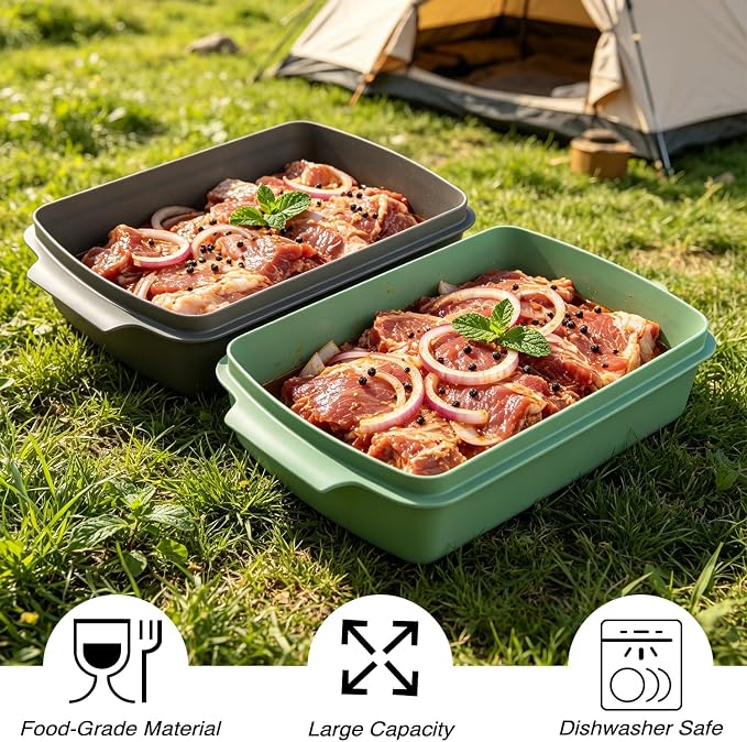 Sunmei Grill Prep and Serving Trays, 3-in-1 Stackable BBQ Food Tray, 5PCS BBQ Serving Set with Marinating Container, Serving Platter, Cutting Board and 2PCS Colored 12-Inch Grill Tongs (Green)