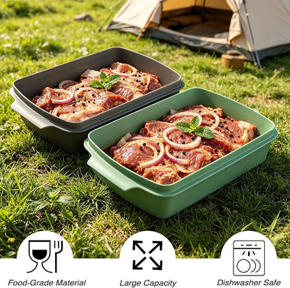 Sunmei Grill Prep and Serving Trays, 3-in-1 Stackable BBQ Food Tray, 5PCS BBQ Serving Set with Marinating Container, Serving Platter, Cutting Board and 2PCS Colored 12-Inch Grill Tongs (Green)