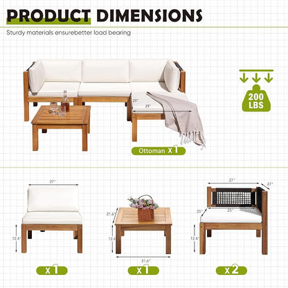 Greesum 5 Pieces Small Patio Sofa, Acacia Wood Outdoor Conversation Sets with Tea Table for Garden Porch and Backyard, Beige