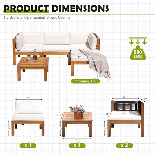 Greesum 5 Pieces Small Patio Sofa, Acacia Wood Outdoor Conversation Sets with Tea Table for Garden Porch and Backyard, Beige