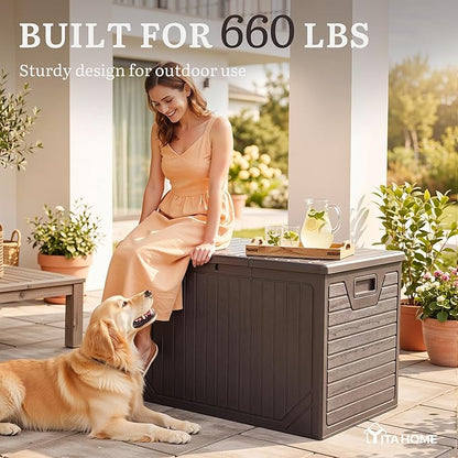 YITAHOME XXL 230 Gallon Extra Large Outdoor Deck Box, Lockable Resin Double-Wall Storage Box and Waterproof Patio Furniture Bin for Garden Tools & Pool Accessories, Brown