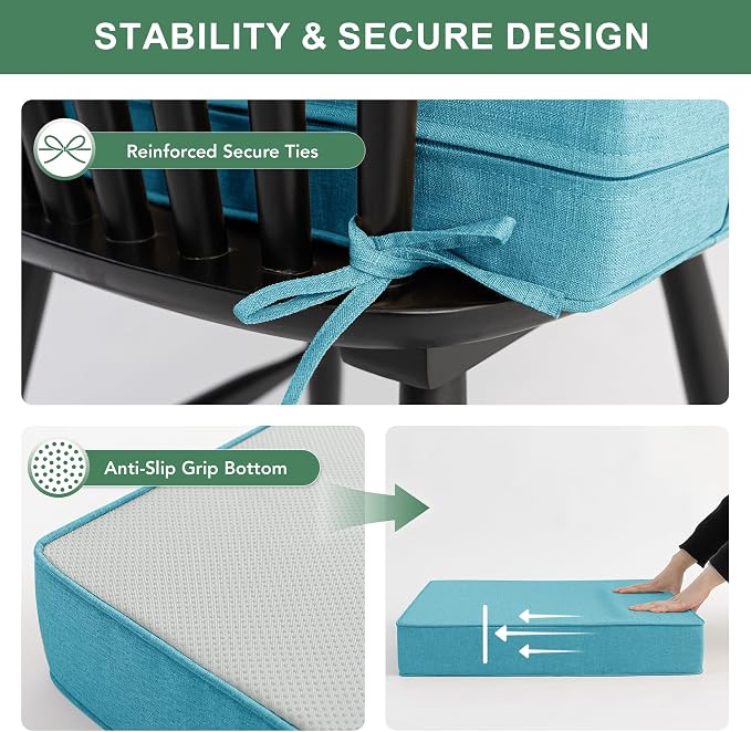 Summsun Faux Linen Outdoor Chair Cushions, Water Resistant Backrest and Seat Cushion Set with Removable Cover, Straps, Non-Slip Bottom for Patio Furniture, 19 x 19 Inch, Teal, Set of 2