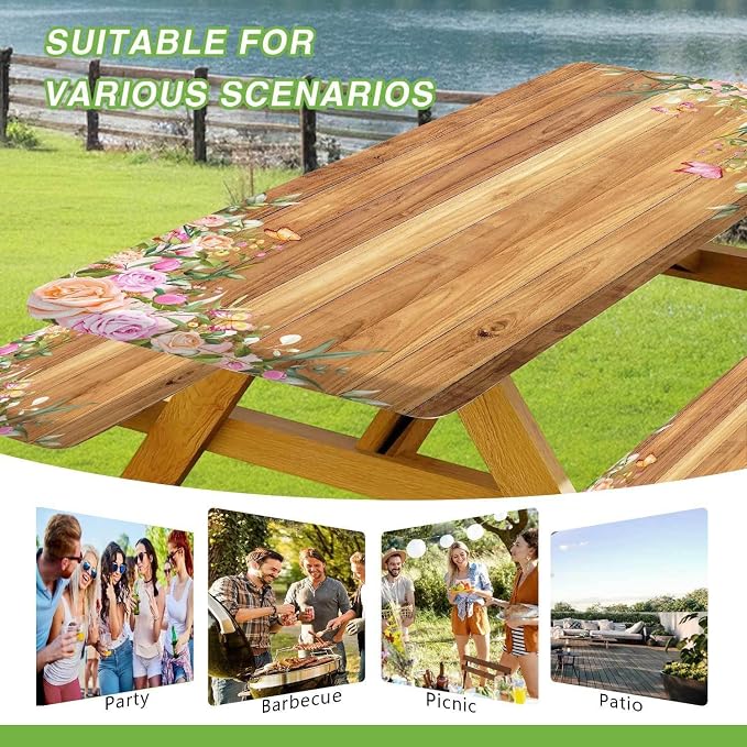 Camper Picnic Table Cover with Bench Covers Elastic Edges, Wooden Camper Fitted Table Cover, Outdoor Patio Camping Essentials 72 Inch 3PCS, Waterproof Camping Fitted Tablecloth with Drawstring Bag