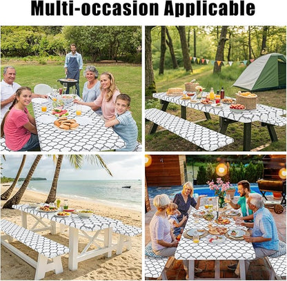 Smiry Picnic Table Cover with Bench Covers, Waterproof Elastic Fitted Tablecloth for 5 Foot Tables, Washable Polyester Tablecloths for Camping, Indoor & Outdoor (White, 30x60 Inch 3-pc Set)