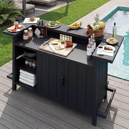 Domi Outdoor Bar Table, Home Bar Unit with Aluminum Frame, Patio Bar Table with Storage Cabinet & Footrest, Liquor Cabinet Bar for Patio Backyard Home Kitchen, Gray, 75.98" x 28.94"