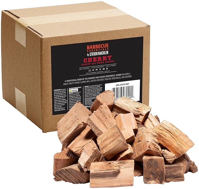 Steven Raichlen All Natural Cherry Wood Chunks for Smoking Meat - 840 Cu. In. Box, Approx 10 Lbs - Kiln Dried Large Cut BBQ Wood Chips for Smoker - Gift for Grilling - Holiday Party Cookout Essential