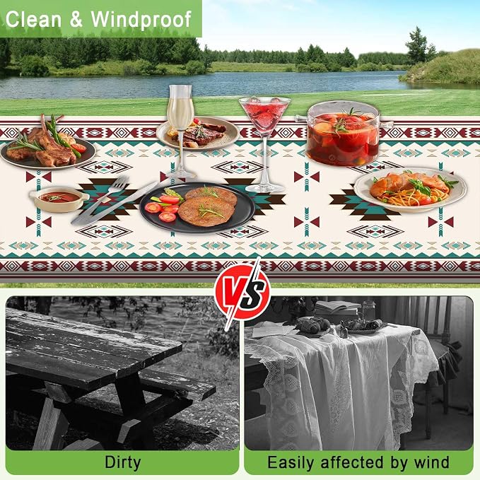 JAWO Fitted Picnic Table and Bench Cover, Southwest Aztec Navajo Tribal Geometric Pattern Waterproof Elastic Picnic Tablecloth for Outdoor Camping Patio Backyard Park, 30X60inch