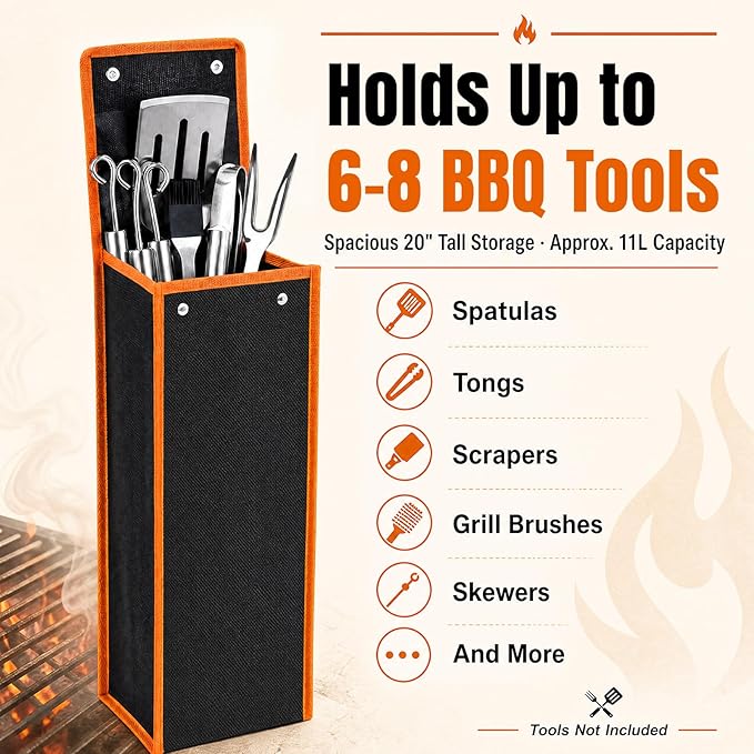 2 Pcs Grill Utensil Storage Bag BBQ Tool Holder Pouch,Orange | Oxford Cloth Foldable Design, Camping Hiking Organizer, Snap Closure Secure, Stands Upright or Flat, Portable Outdoor Pouch