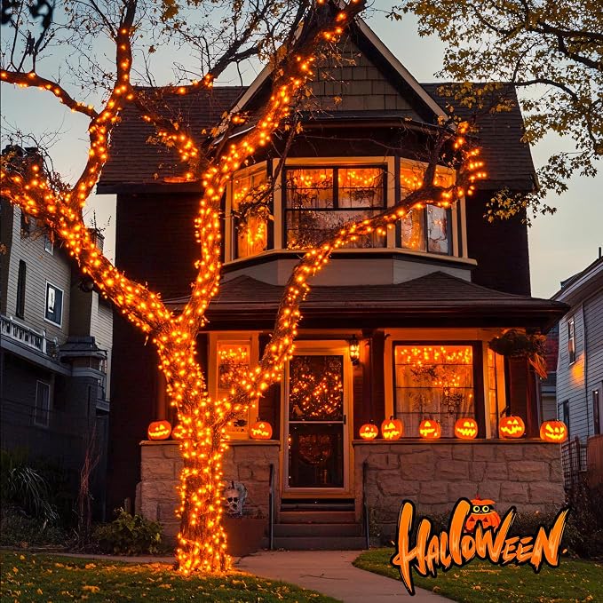 JMEXSUSS 33FT 100 LED Orange Lights for Halloween, Battery Operated | Halloween Lights Outdoor Indoor, 8 Modes Remote String Lights for Yard Tree Front Porch Room House Fence Xmas Decor