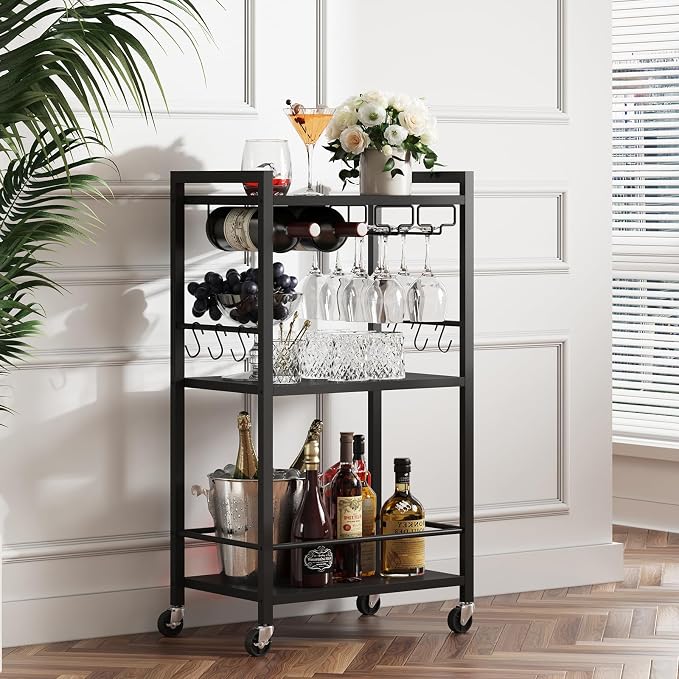 TUTOTAK Bar Cart with Wheels, Mini Drink Cart with Wine Rack & Glass Holder | 3-Tier 17 Inch Wide Home Bar Serving Carts, Small Mobile Kitchen Shelf with 6 Hooks, Black V1BC01BK035