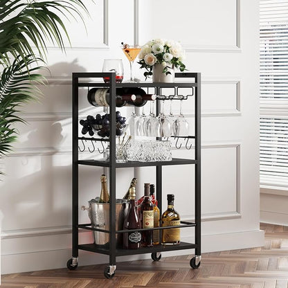 TUTOTAK Bar Cart with Wheels, Mini Drink Cart with Wine Rack & Glass Holder | 3-Tier 17 Inch Wide Home Bar Serving Carts, Small Mobile Kitchen Shelf with 6 Hooks, Black V1BC01BK035