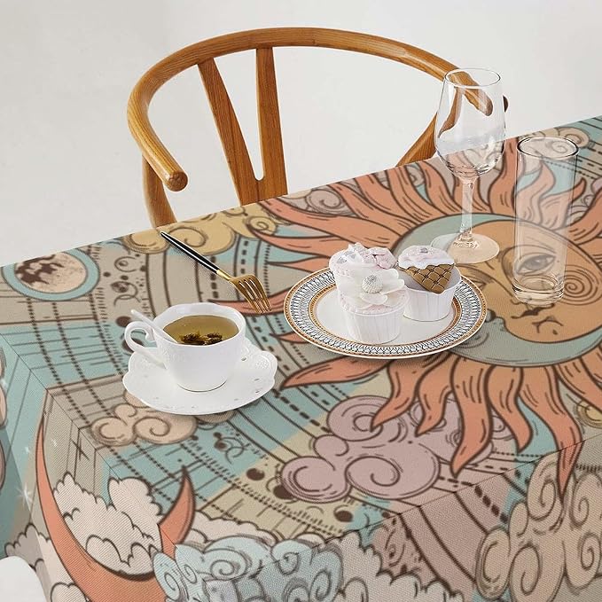 Retro Sun Moon Tablecloth Vintage Mystical Astrology Tarot Zodiac Galaxy Space Table Cloth Water Resistant Wipeable Table Cover for Farmhouse Picnic Party Holiday Kitchen Dinner Table 60"x120"