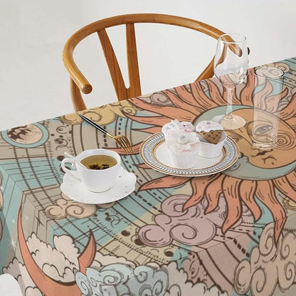 Retro Sun Moon Tablecloth Vintage Mystical Astrology Tarot Zodiac Galaxy Space Table Cloth Water Resistant Wipeable Table Cover for Farmhouse Picnic Party Holiday Kitchen Dinner Table 60"x120"
