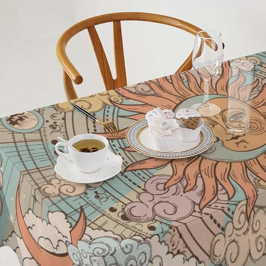 Retro Sun Moon Tablecloth Vintage Mystical Astrology Tarot Zodiac Galaxy Space Table Cloth Water Resistant Wipeable Table Cover for Farmhouse Picnic Party Holiday Kitchen Dinner Table 60"x120"