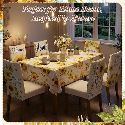 7 Pcs Sunflower Tablecloth and Chair Covers Set 60 x 84 Inch Waterproof Stain Rectangular Table Cover with Stretchable Removable Chair Slipcovers for Dining Room, Patio, Summer Parties
