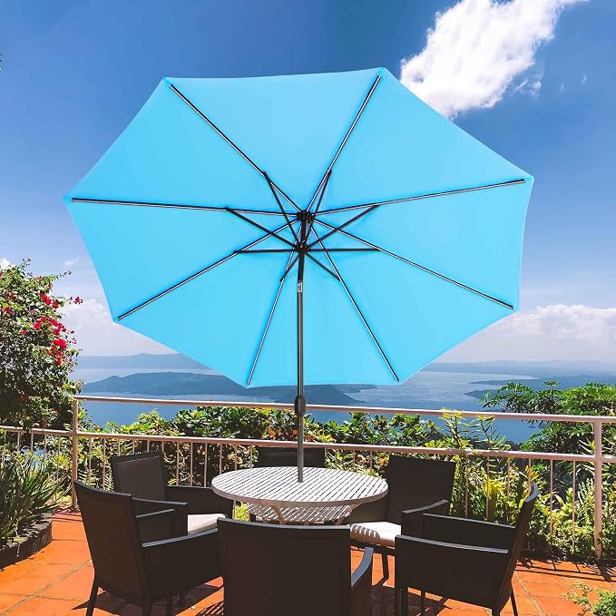 Sundale Outdoor 80 LED 9 FT Solar Patio Umbrella with Base, Blue | Sand Bag Umbrella Base, Tilt, Crank, Solar Lights