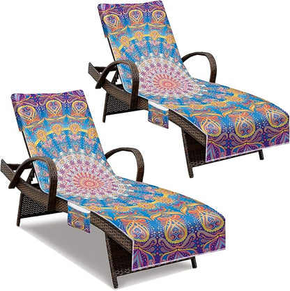 Lounge Chair Towel Cover, Beach Chair Cover (Pack of 2), Pool Lounge Chair Covers for Outdoor,Garden, Beach,Sun Lounger,Hotel Pool,Large Size and No Sliding, 85" X 30", (Mandala Purple)