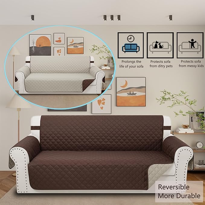 Reversible 4 Seater Sofa Cover 91 Inch Large Couch Cover Furniture Protector(Sofa XX-Large,Chocolate/Beige) | Couch Cover Furniture Protector with Foam Sticks Elastic Straps Furniture Protector for Pets Children Dog Cat