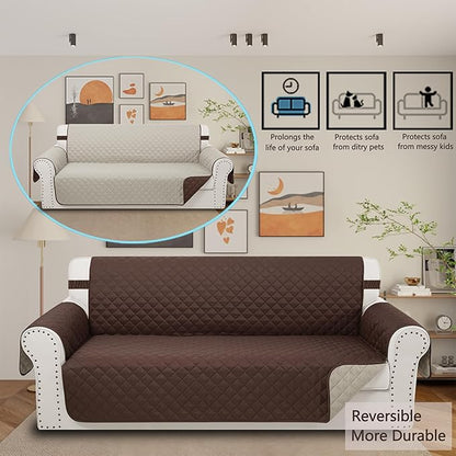 Reversible 4 Seater Sofa Cover 91 Inch Large Couch Cover Furniture Protector(Sofa XX-Large,Chocolate/Beige) | Couch Cover Furniture Protector with Foam Sticks Elastic Straps Furniture Protector for Pets Children Dog Cat