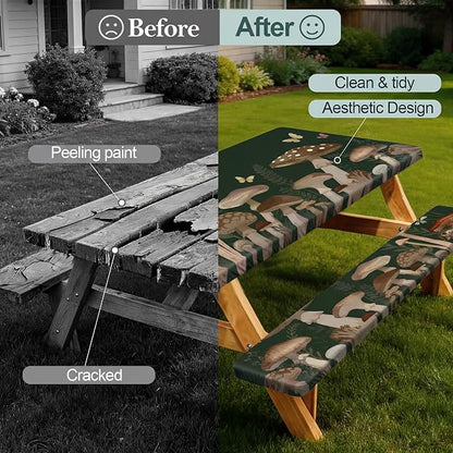 Picnic Table Cover with Bench Covers Camping Essentials Waterproof Windproof Camping Tablecloth with Drawstring Bag, Fitted Rectangle Tables and Seats, 72in, Dark Green Mushroom