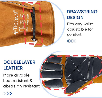 TICONN Welding Gloves, 16 IN L/XL/XXL 1000°F Heat-Resistant Fireproof Leather Gloves for Welders, Stick, Forge, Mig, Tig, BBQ