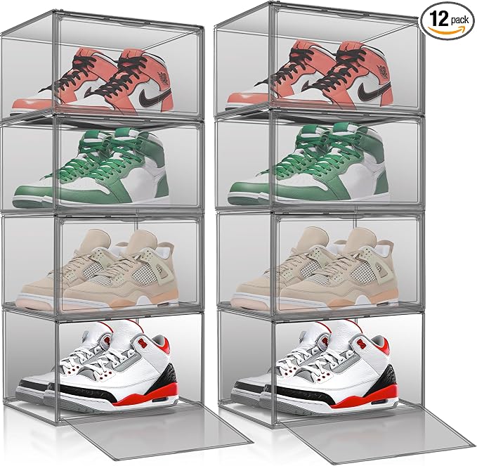 12 Pack Black Acrylic Shoe Boxes, Space-Saving Everyday Sneaker Storage | Size 12, SPACE-SAVING STACKABLE DESIGN – Build upward to organize shoes while using less closet, shelf or floor space.