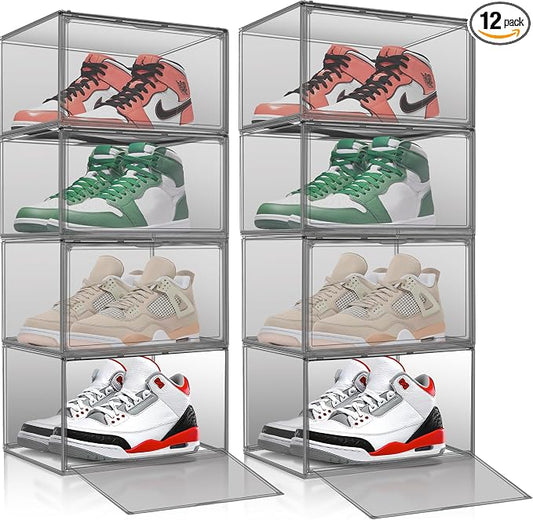 12 Pack Black Acrylic Shoe Boxes, Space-Saving Everyday Sneaker Storage | Size 12, SPACE-SAVING STACKABLE DESIGN – Build upward to organize shoes while using less closet, shelf or floor space.