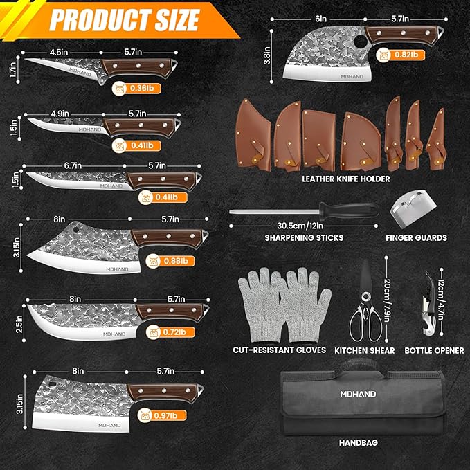 MDHAND Butcher Knife Set, 14PCS Hand Forged Butcher Chef Knife Set with Roll Bag, Heavy Duty Meat Cleaver, Fillet Knives, Meat Cutting Knife for Home Kitchen & Camping BBQ, Gifts for Men Women