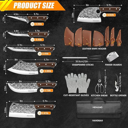 MDHAND Butcher Knife Set, 14PCS Hand Forged Butcher Chef Knife Set with Roll Bag, Heavy Duty Meat Cleaver, Fillet Knives, Meat Cutting Knife for Home Kitchen & Camping BBQ, Gifts for Men Women