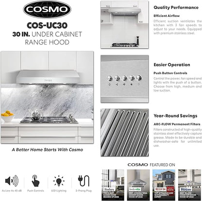 COSMO UC30 29.5 in. Ducted Under Cabinet Range Hood, Kitchen Over Stove Vent, 3-Speed Fan, Permanent Filters, LED Lights in Stainless Steel, 30 inch