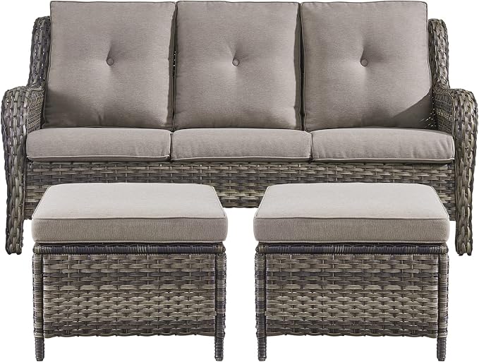 Rilyson Wicker Outdoor Patio Sofa with Ottoman, Large 3 Seater Wicker Patio Couch with 4in Replaceable Seat Cushions and Deep Seating, All Weather for Backyard, Garden, Poolside (Mixed Grey/Grey)