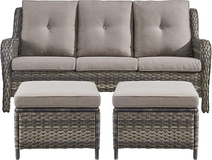 Rilyson Wicker Outdoor Patio Sofa with Ottoman, Large 3 Seater Wicker Patio Couch with 4in Replaceable Seat Cushions and Deep Seating, All Weather for Backyard, Garden, Poolside (Mixed Grey/Grey)