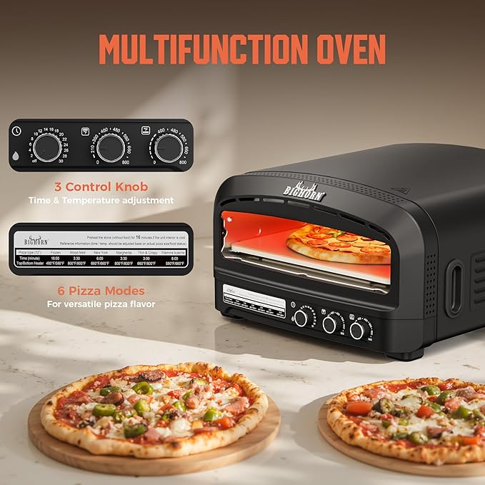 BIG HORN Pizza Oven Indoor, 14" Electric Countertop Pizza Oven with 6 Modes, Heats up to 850°F Pizza Maker, Flip-Up Design Pizza Cooker for Home Kitchen, Restaurants, Parties