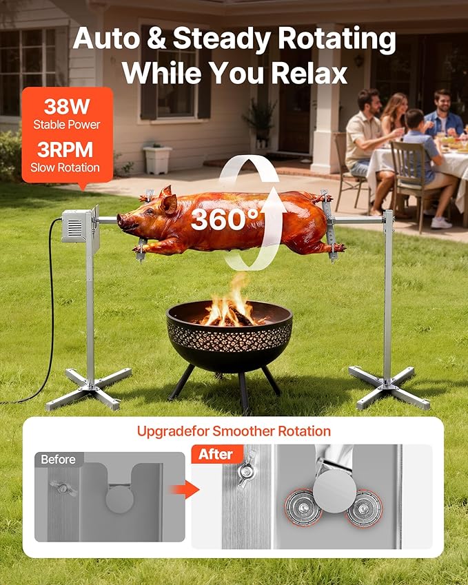 VEVOR Rotisserie Grill, 8 Level Height Stainless Steel Electric Rotisserie Grill Kit, 132 lbs Load Capacity BBQ Grills Rotisseries Kit with 38W Motor, Automatic Grilling Kits for Parties