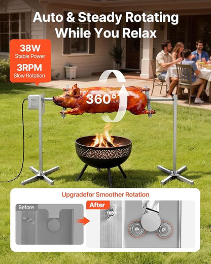 VEVOR Rotisserie Grill, 8 Level Height Stainless Steel Electric Rotisserie Grill Kit, 132 lbs Load Capacity BBQ Grills Rotisseries Kit with 38W Motor, Automatic Grilling Kits for Parties